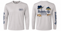 Two long-sleeve fishing shirts with 'Bubbles Up Charters' branding and graphics on a white background.