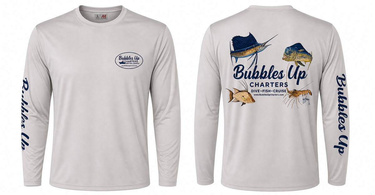 Two long-sleeve fishing shirts with 'Bubbles Up Charters' branding and graphics on a white background.
